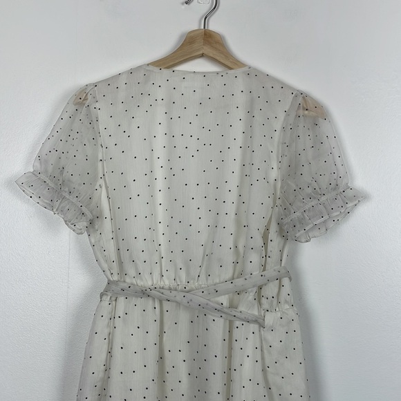 Super down short sleeve black white polka dot ruffle hem lined wrap mini dress - Picture 10 of 11